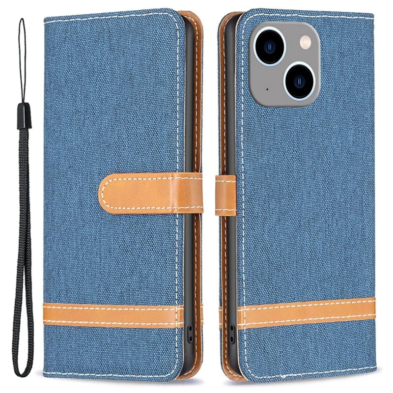 For iPhone 14 Plus Case Jeans Cloth Texture Leather Wallet Mobile Cover with Stand - Navy Blue