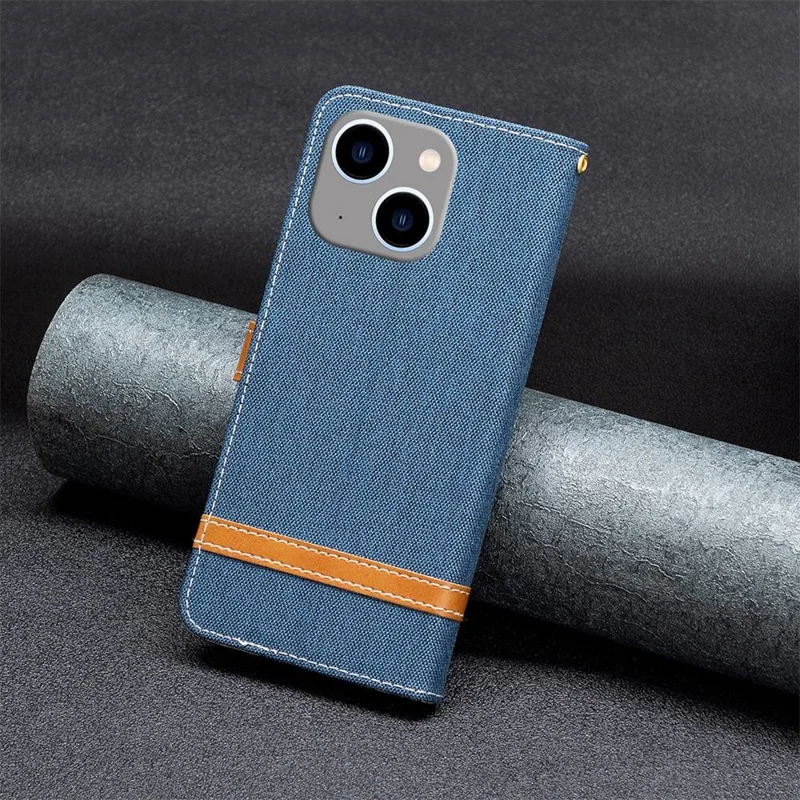 For iPhone 14 Plus Case Jeans Cloth Texture Leather Wallet Mobile Cover with Stand - Navy Blue