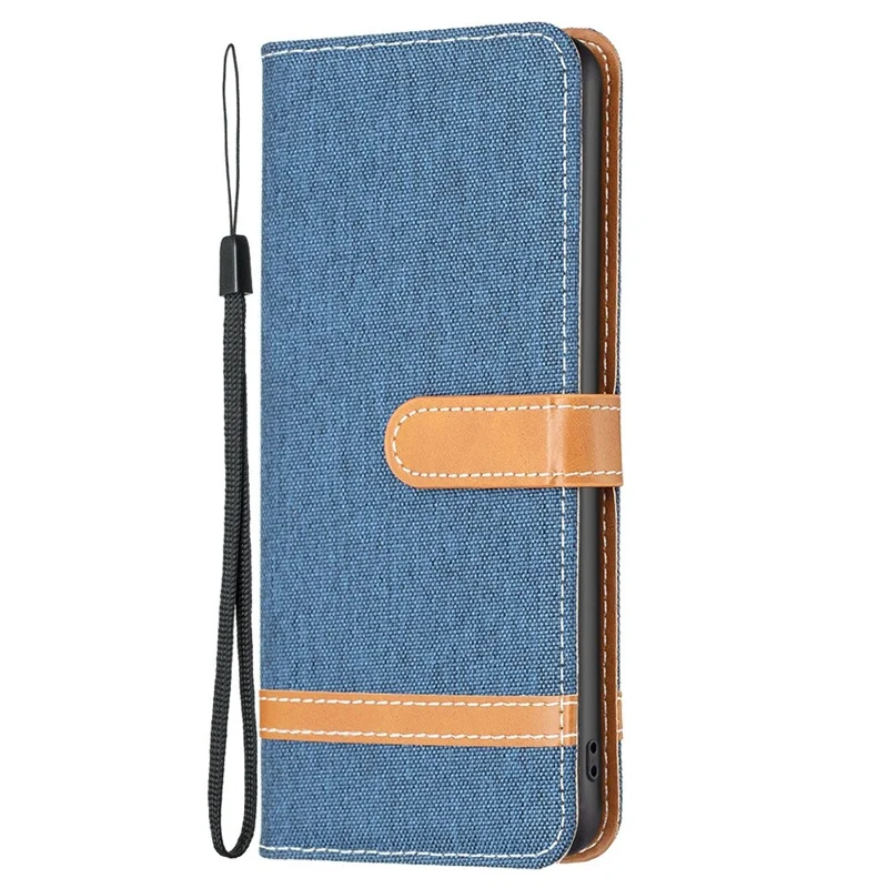 For iPhone 14 Plus Case Jeans Cloth Texture Leather Wallet Mobile Cover with Stand - Navy Blue