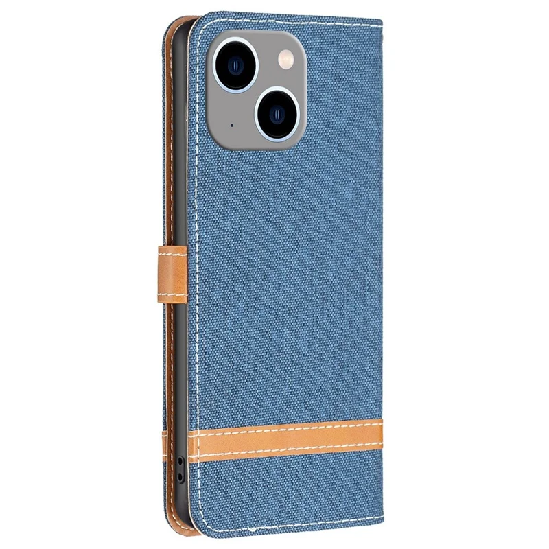 For iPhone 14 Plus Case Jeans Cloth Texture Leather Wallet Mobile Cover with Stand - Navy Blue