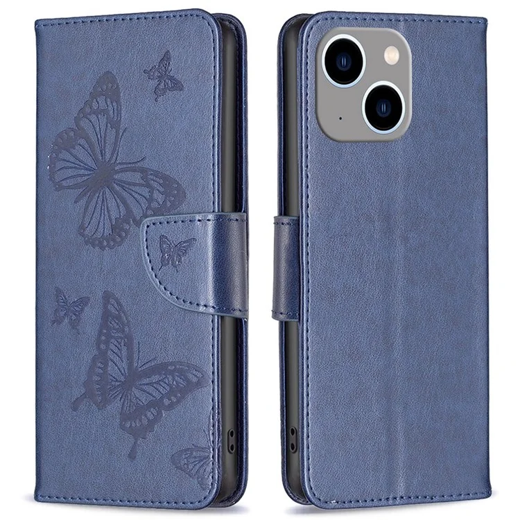 For iPhone 14 Plus Wallet Case Imprinted Butterflies Leather Phone Cover with Strap - Dark Blue
