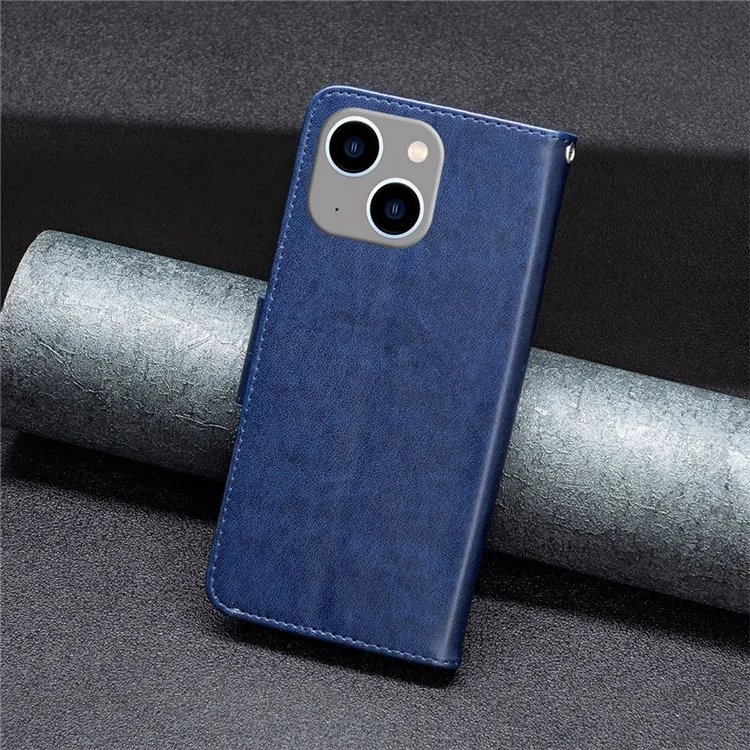 For iPhone 14 Plus Wallet Case Imprinted Butterflies Leather Phone Cover with Strap - Dark Blue