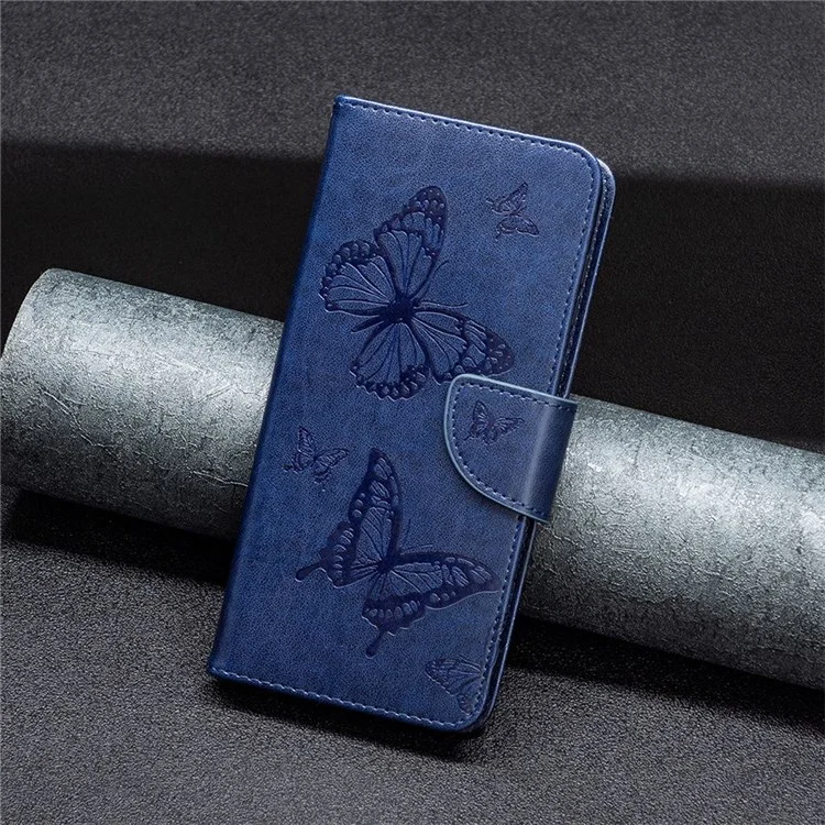 For iPhone 14 Plus Wallet Case Imprinted Butterflies Leather Phone Cover with Strap - Dark Blue