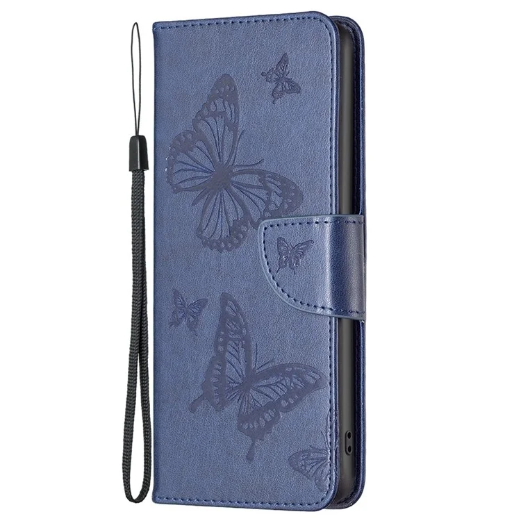 For iPhone 14 Plus Wallet Case Imprinted Butterflies Leather Phone Cover with Strap - Dark Blue