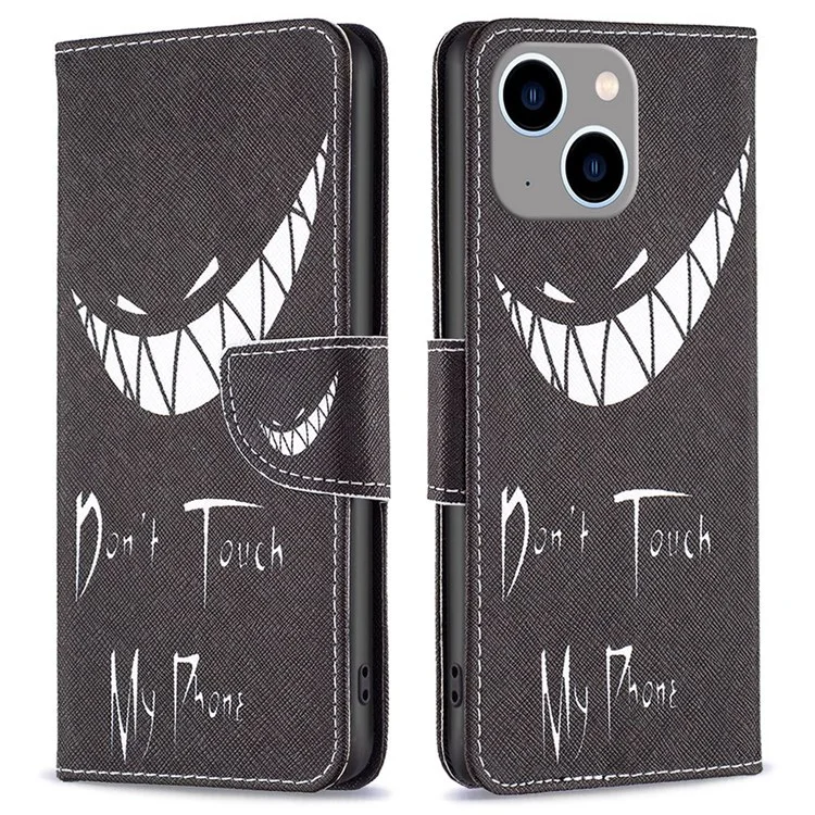 For iPhone 14 Plus Phone Case Pattern Printing PU Leather Wallet Stand Cover - Don't Touch My Phone