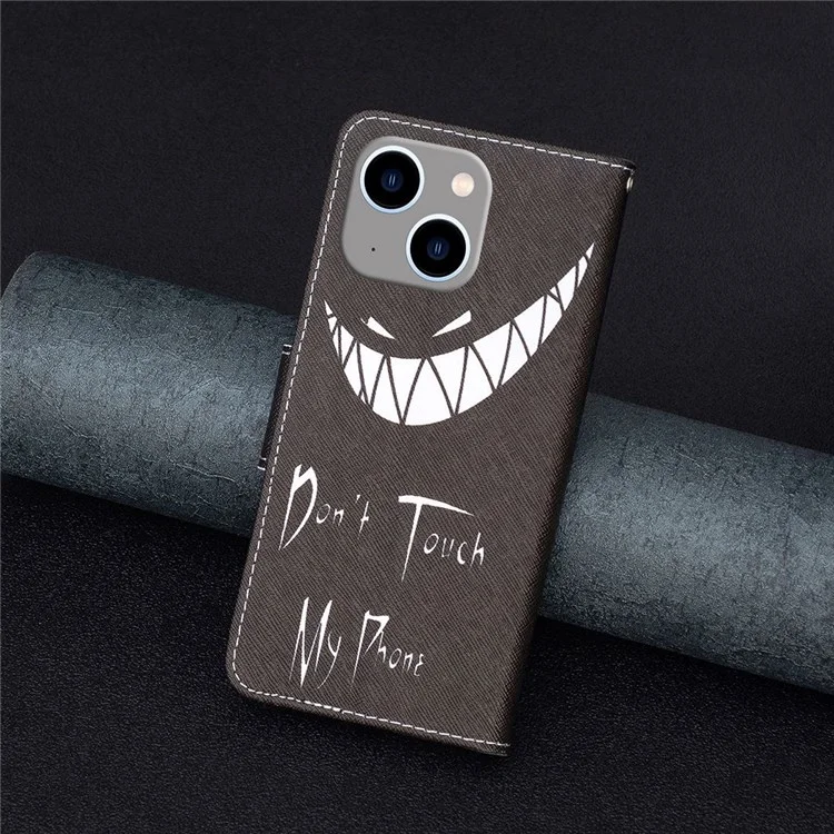For iPhone 14 Plus Phone Case Pattern Printing PU Leather Wallet Stand Cover - Don't Touch My Phone
