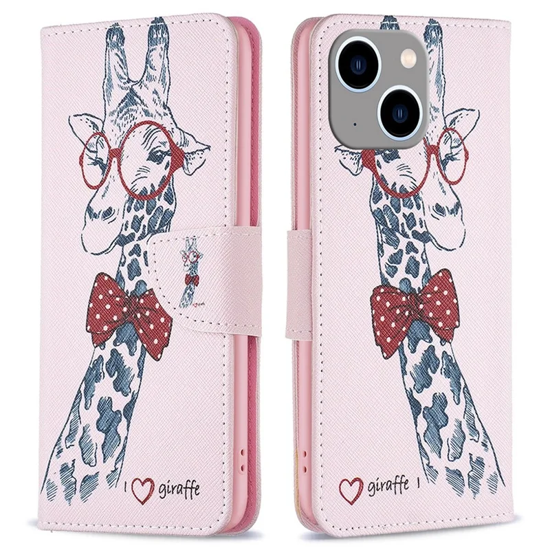 For iPhone 14 Plus Phone Case Pattern Printing PU Leather Wallet Stand Cover - Giraffe