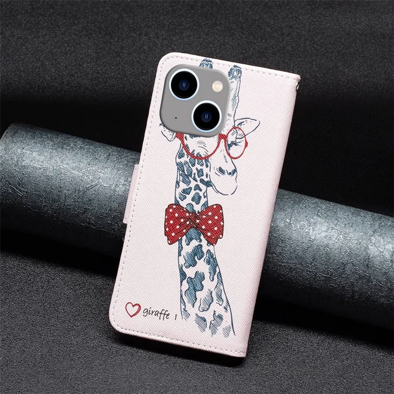For iPhone 14 Plus Phone Case Pattern Printing PU Leather Wallet Stand Cover - Giraffe