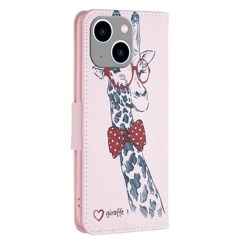 For iPhone 14 Plus Phone Case Pattern Printing PU Leather Wallet Stand Cover - Giraffe