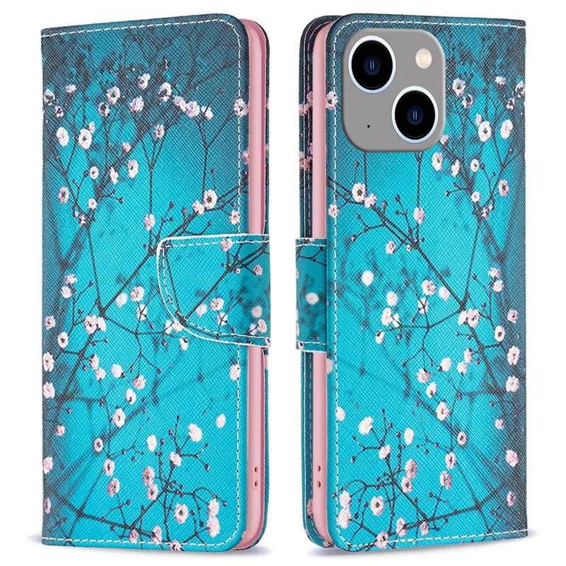 For iPhone 14 Plus Phone Case Pattern Printing PU Leather Wallet Stand Cover - Plum Blossom