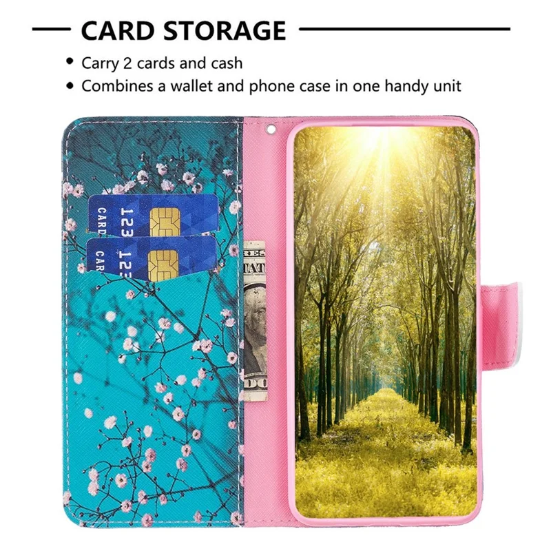 For iPhone 14 Plus Phone Case Pattern Printing PU Leather Wallet Stand Cover - Plum Blossom