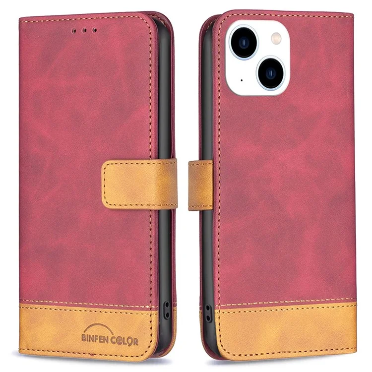 BINFEN COLOR BF Estuche de cuero para iPhone 14 de 6.1 pulgadas Serie-7 Estilo de cubierta de teléfono bien protegida 11 Funda de cuero mate de mezcla de colores Wallet Stand Shell - Rojo