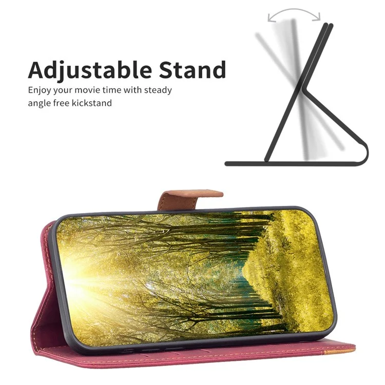 BINFEN COLOR BF Estuche de cuero para iPhone 14 de 6.1 pulgadas Serie-7 Estilo de cubierta de teléfono bien protegida 11 Funda de cuero mate de mezcla de colores Wallet Stand Shell - Rojo