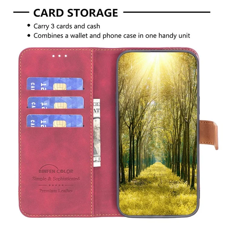 BINFEN COLOR BF Estuche de cuero para iPhone 14 de 6.1 pulgadas Serie-7 Estilo de cubierta de teléfono bien protegida 11 Funda de cuero mate de mezcla de colores Wallet Stand Shell - Rojo
