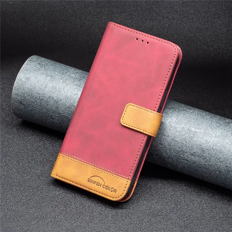 BINFEN COLOR BF Estuche de cuero para iPhone 14 de 6.1 pulgadas Serie-7 Estilo de cubierta de teléfono bien protegida 11 Funda de cuero mate de mezcla de colores Wallet Stand Shell - Rojo