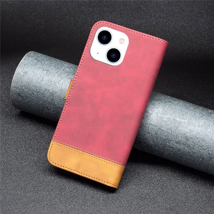 BINFEN COLOR BF Estuche de cuero para iPhone 14 de 6.1 pulgadas Serie-7 Estilo de cubierta de teléfono bien protegida 11 Funda de cuero mate de mezcla de colores Wallet Stand Shell - Rojo