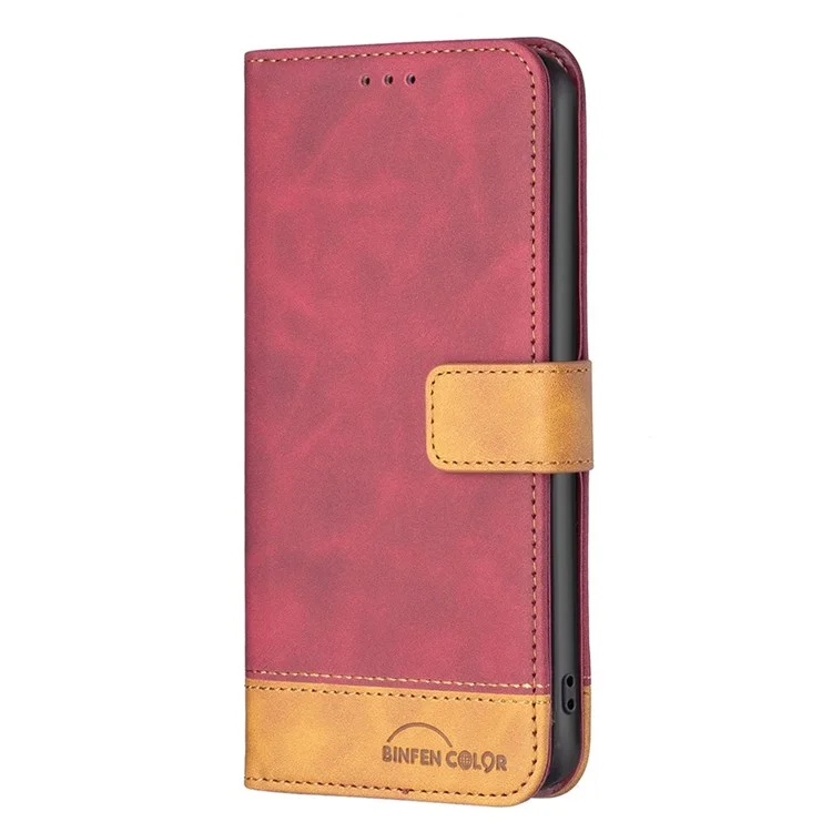 BINFEN COLOR BF Estuche de cuero para iPhone 14 de 6.1 pulgadas Serie-7 Estilo de cubierta de teléfono bien protegida 11 Funda de cuero mate de mezcla de colores Wallet Stand Shell - Rojo