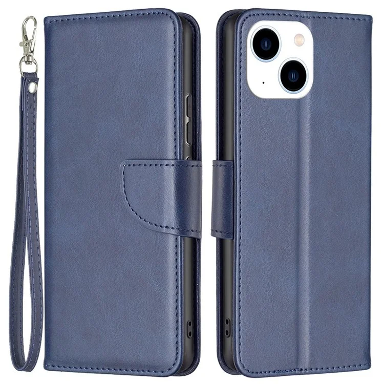 For iPhone 14 Case Smooth Leather Wallet Stand Mobile Phone Cover with Strap - Blue
