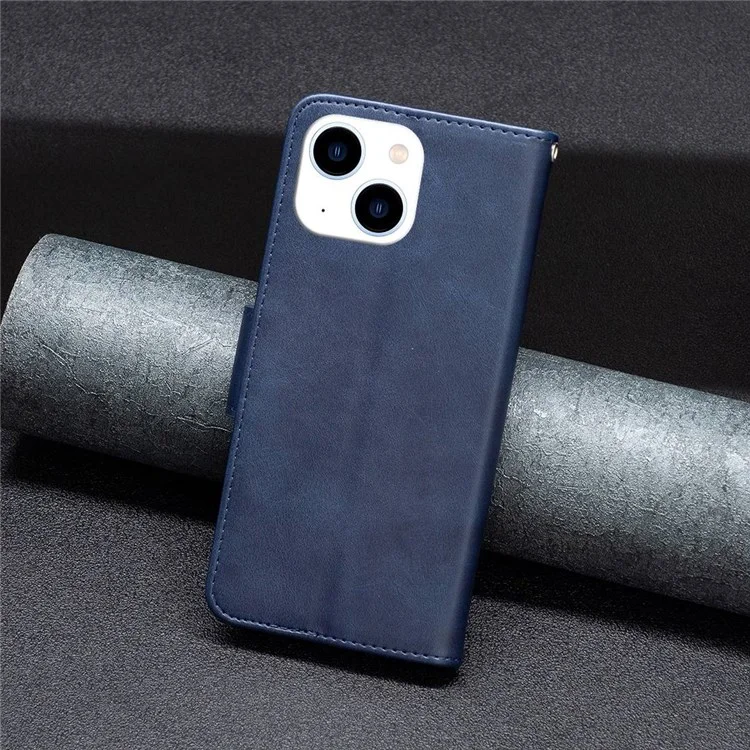 For iPhone 14 Case Smooth Leather Wallet Stand Mobile Phone Cover with Strap - Blue