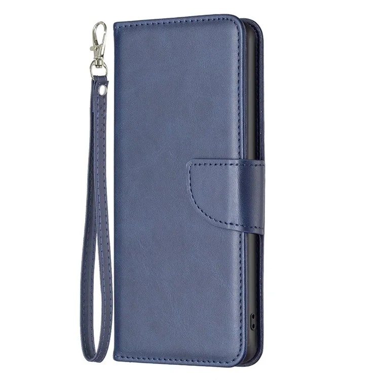 For iPhone 14 Case Smooth Leather Wallet Stand Mobile Phone Cover with Strap - Blue