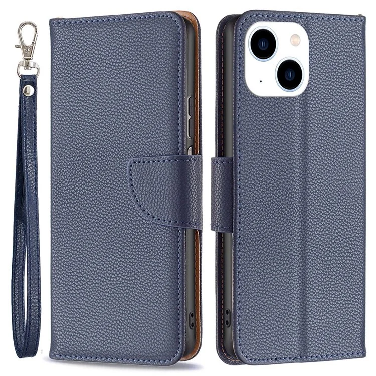 BINFEN COLOR BF Leather Case Series-3 для iPhone 14 6.1 дюйма Устойчивый к истиранию противоударный чехол из монолитного цветного PU-кожи с текстурой личи, полноразмерный чехол-бумажник со шнурком - темно-синий