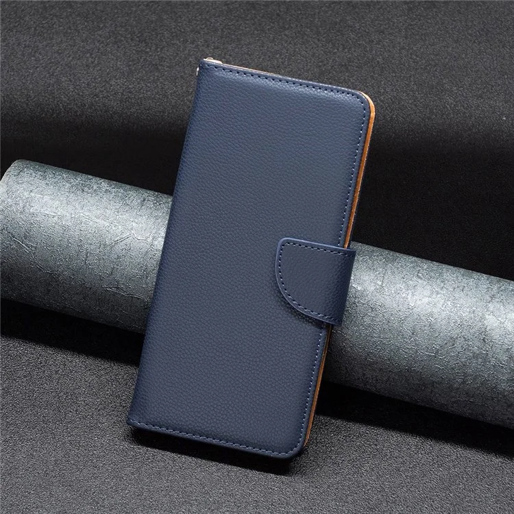 BINFEN COLOR BF Leather Case Series-3 для iPhone 14 6.1 дюйма Устойчивый к истиранию противоударный чехол из монолитного цветного PU-кожи с текстурой личи, полноразмерный чехол-бумажник со шнурком - темно-синий