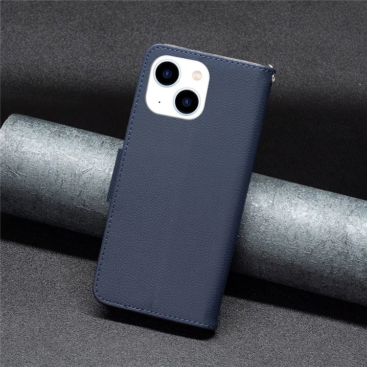 BINFEN COLOR BF Leather Case Series-3 для iPhone 14 6.1 дюйма Устойчивый к истиранию противоударный чехол из монолитного цветного PU-кожи с текстурой личи, полноразмерный чехол-бумажник со шнурком - темно-синий