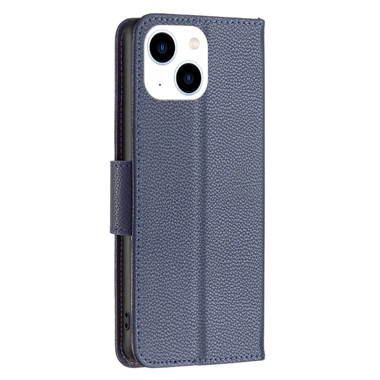 BINFEN COLOR BF Leather Case Series-3 для iPhone 14 6.1 дюйма Устойчивый к истиранию противоударный чехол из монолитного цветного PU-кожи с текстурой личи, полноразмерный чехол-бумажник со шнурком - темно-синий
