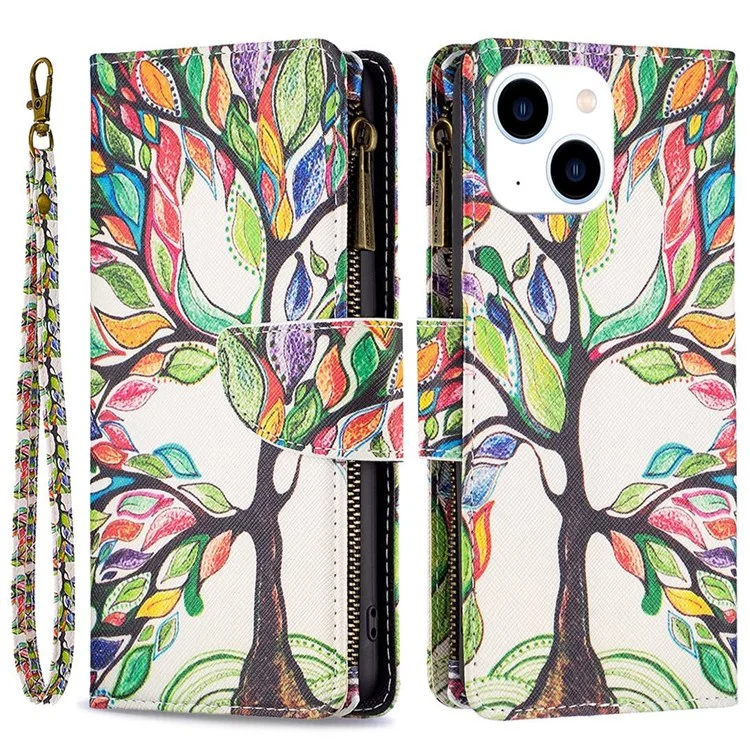 For iPhone 14 Leather Case with Strap Pattern Printing Zipper Wallet Phone Stand Cover - Life Tree