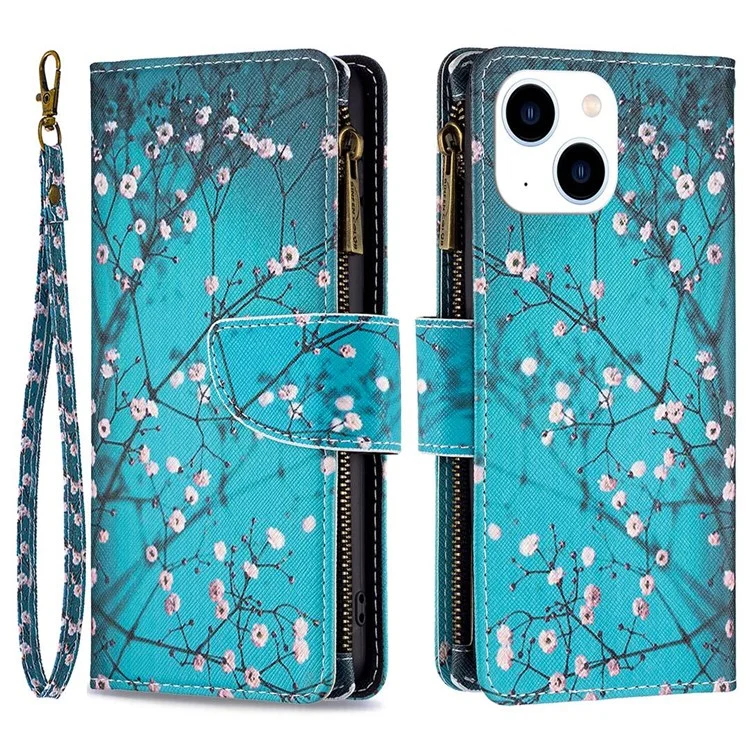 Serie de Estampado de Patrones BF Leather-4 para iPhone 14 de 6.1 pulgadas, Estuche con Bolsillo con Cremallera Estilo 03 de Cuero PU + Tapa Magnética de TPU Funda con Cartera y Soporte - Sweet Winter