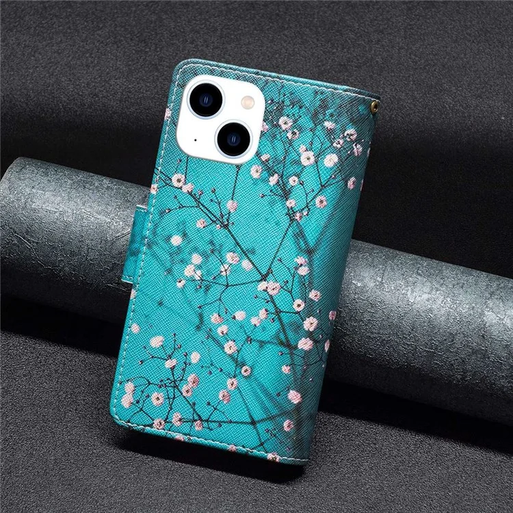Serie de Estampado de Patrones BF Leather-4 para iPhone 14 de 6.1 pulgadas, Estuche con Bolsillo con Cremallera Estilo 03 de Cuero PU + Tapa Magnética de TPU Funda con Cartera y Soporte - Sweet Winter