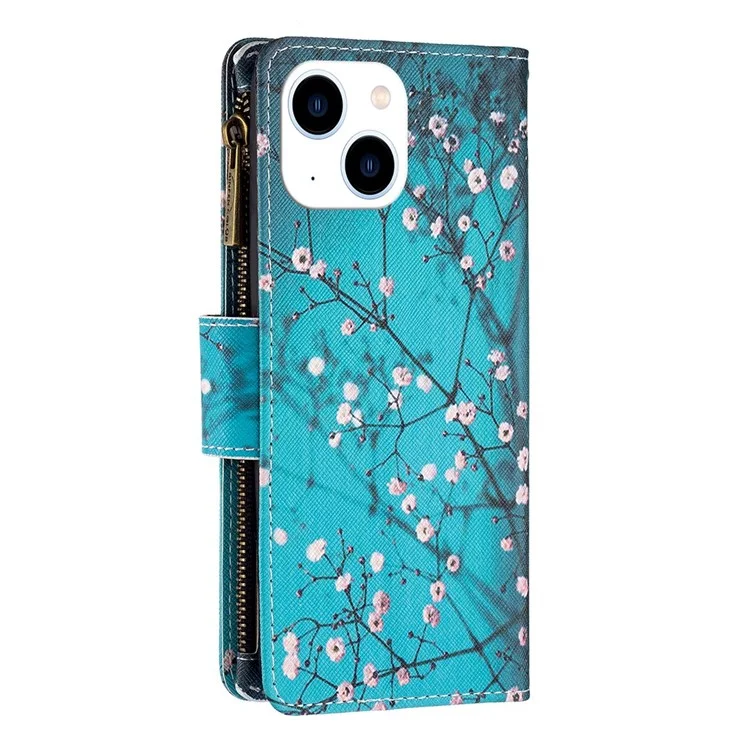 Serie de Estampado de Patrones BF Leather-4 para iPhone 14 de 6.1 pulgadas, Estuche con Bolsillo con Cremallera Estilo 03 de Cuero PU + Tapa Magnética de TPU Funda con Cartera y Soporte - Sweet Winter