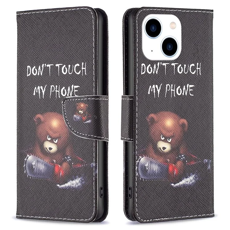 BF Pattern Printing Leather Series-1 для iPhone 14 6.1 дюйм Просмотр Подставка Чехол для телефона PU Leather TPU Folio Flip Wallet Case - Медведь