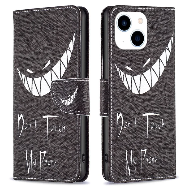 For iPhone 14 Phone Case Pattern Printing PU Leather Wallet Stand Cover - Don't Touch My Phone
