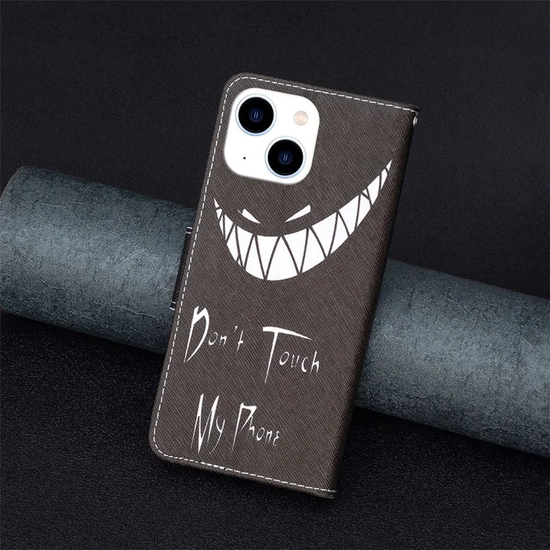 For iPhone 14 Phone Case Pattern Printing PU Leather Wallet Stand Cover - Don't Touch My Phone