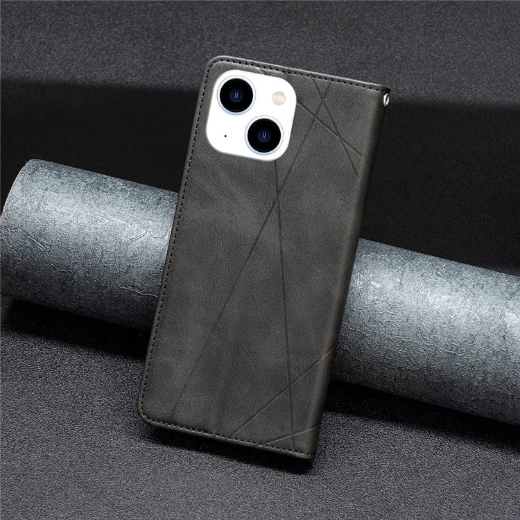 For iPhone 14 Leather Case with Card Holder Imprinting Pattern Phone Stand Cover - Black