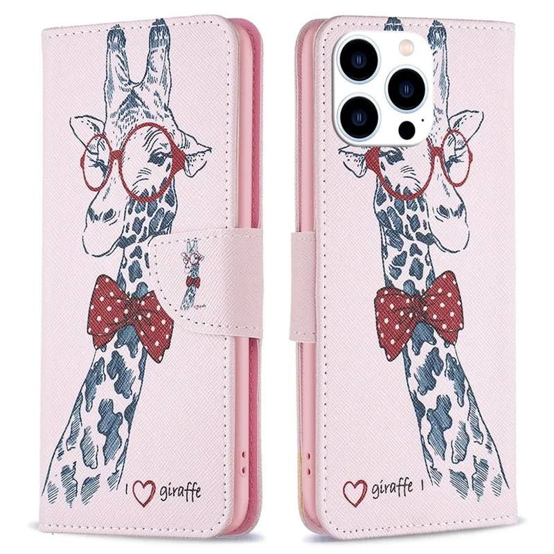 For iPhone 14 Pro Phone Case Pattern Printing PU Leather Wallet Stand Cover - Giraffe