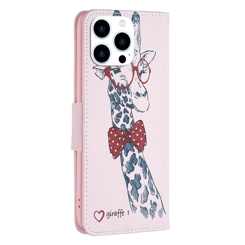 For iPhone 14 Pro Phone Case Pattern Printing PU Leather Wallet Stand Cover - Giraffe