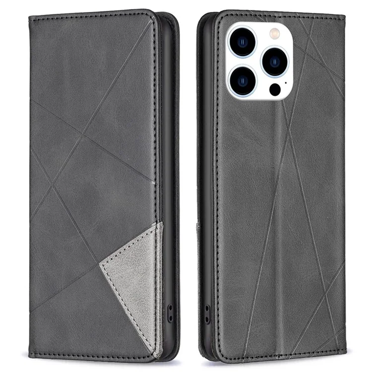 For iPhone 14 Pro Leather Case with Card Holder Imprinting Pattern Phone Stand Cover - Black