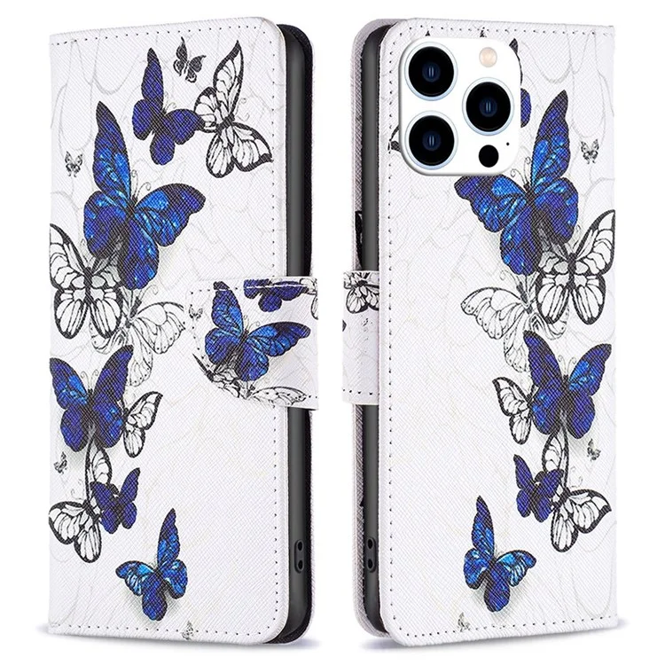 For iPhone 14 Pro Leather Case Pattern Printing Wallet Stand Flip Mobile Cover - Butterflies