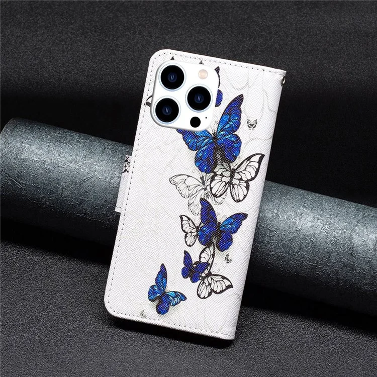 BF Pattern Printing Leather Series-2 for iPhone 14 Pro 6.1 inch, Stand Wallet Function PU Leather Cover Inner TPU Phone Case - Butterflies