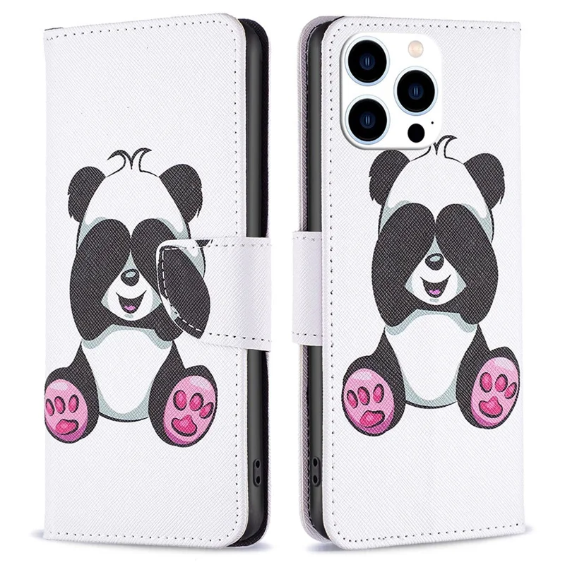 For iPhone 14 Pro Leather Case Pattern Printing Wallet Stand Flip Mobile Cover - Panda