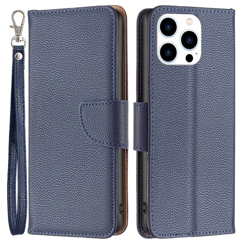 Custodia portafoglio per iPhone 14 Pro con texture effetto litchi, cover in pelle pieghevole con supporto e cinturino - Blu scuro