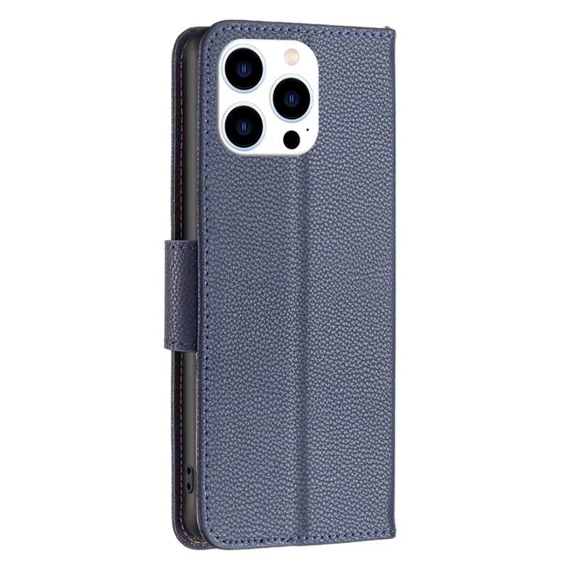 Custodia portafoglio per iPhone 14 Pro con texture effetto litchi, cover in pelle pieghevole con supporto e cinturino - Blu scuro