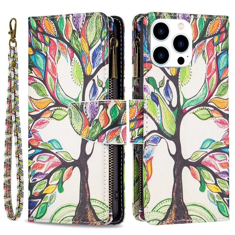 BF Pattern Printing Leather Series-4 Para Iphone 14 Pro 6.1 Pulgadas, 03 Estilo Pocket Pocket Telephip Pattern Impresión PU Cuero de Cuero Cubierta - Arbol de la Vida