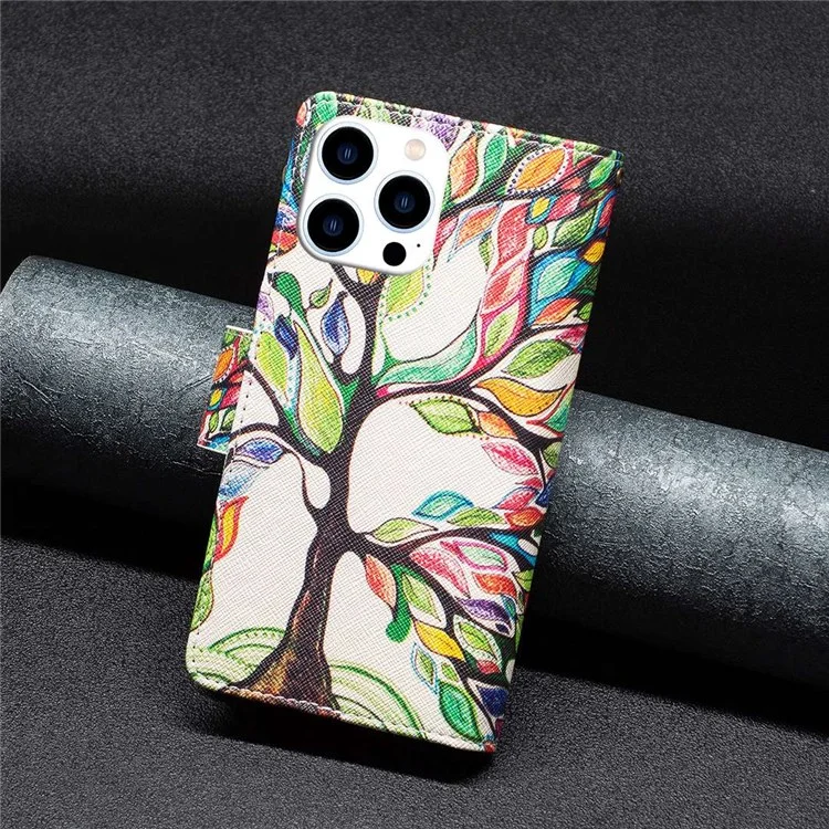 BF Pattern Printing Leather Series-4 Para Iphone 14 Pro 6.1 Pulgadas, 03 Estilo Pocket Pocket Telephip Pattern Impresión PU Cuero de Cuero Cubierta - Arbol de la Vida