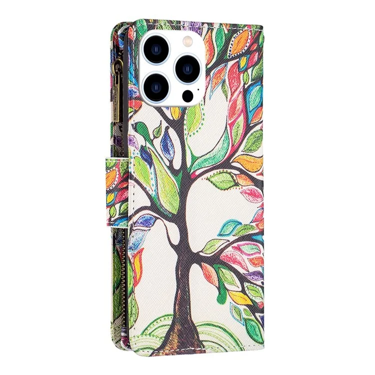 BF Pattern Printing Leather Series-4 Para Iphone 14 Pro 6.1 Pulgadas, 03 Estilo Pocket Pocket Telephip Pattern Impresión PU Cuero de Cuero Cubierta - Arbol de la Vida