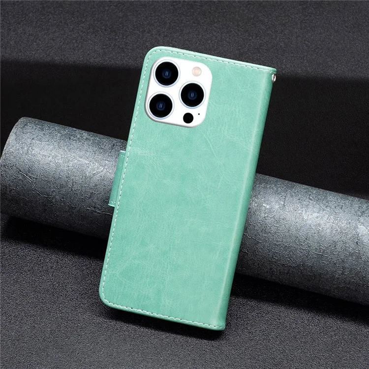 BF Imprinting Pattern Series-4 Protective Case Pour Iphone 14 Pro 6.1 Pouces Butterflies Boîte de Support Imprimé Shell de Style Portefeuille de Protection Complète - Vert
