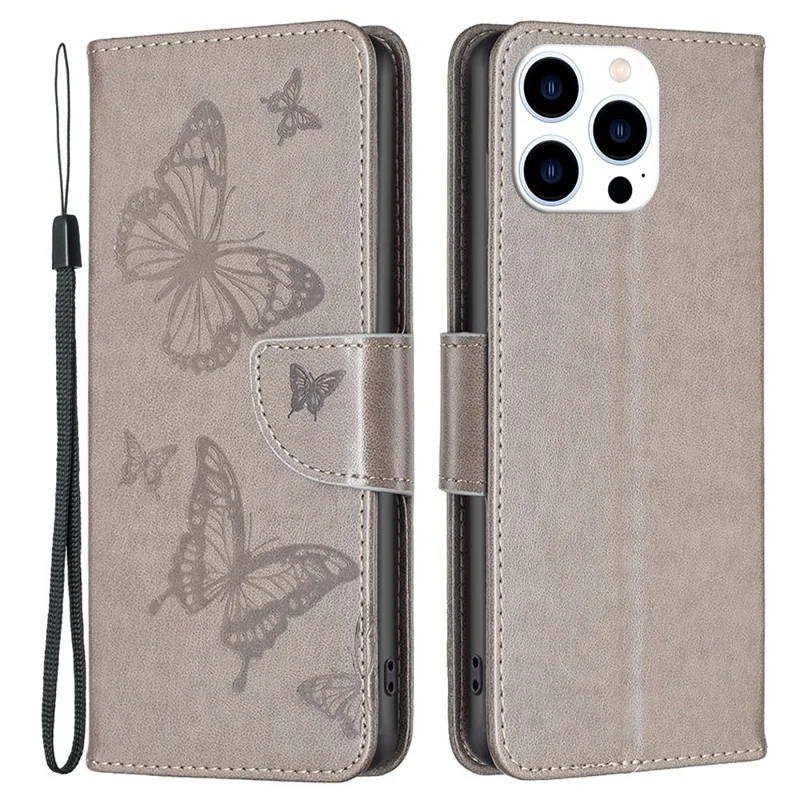 For iPhone 14 Pro Wallet Case Imprinted Butterflies Leather Phone Cover with Strap - Grey