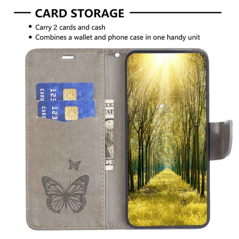 For iPhone 14 Pro Wallet Case Imprinted Butterflies Leather Phone Cover with Strap - Grey